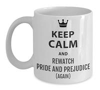 Sedfghd Taza de café de cerámica con texto en inglés "Pride and Prejudice" de 11 onzas de taza de café o té, Orgullo y prejuicio 1995, Keep Calm and Rewatch Pride and Prejudice (otra vez)