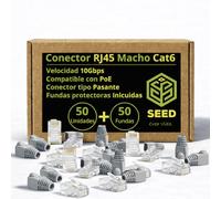 SEED Conector RJ45 Macho Cat 6 en caja de cartón para mejor almacenamiento - Terminación Cable Ethernet - Redes LAN - Conexión Estable - Instalaciones Profesionales y Domésticas (50 Ud + Fundas)