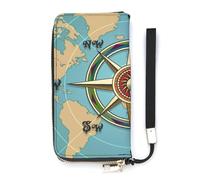 SEEKJOYS Cartera para mujer, cartera grande para mujer, tarjetero, elegante, con correa para la muñeca, monedero largo para mujer, para tarjetas, monedas, Mapa clásico de brújula de viento, 20x10.5cm