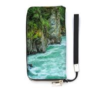 SEEKJOYS Cartera para mujer con estampado de flores y plantas repetidas, tarjetero, elegante cartera de cuero con correa para la muñeca, bolso largo para mujer, Paisaje de ríos, 20x10.5cm