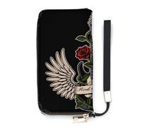 SEEKJOYS Cartera para mujer con estampado de guitarra y rosa roja, cartera grande para mujer, tarjetero, cartera elegante con correa para la muñeca, monedero largo para mujer, para tarjetas, monedas,