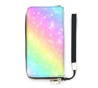 SEEKJOYS Cartera para mujer, diseño de árbol de cuatro estaciones, acuarelas, tarjetero, elegante, de piel, con correa para la muñeca, bolso largo para mujer, Galaxy Rainbow Glitter Star, 20x10.5cm