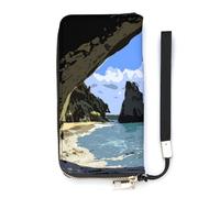 SEEKJOYS Cartera para mujer, diseño de campo de arroz, con tarjetero, elegante cartera de cuero con correa para la muñeca, bolso largo para mujer, Paisaje de pintura oceánica, 20x10.5cm