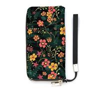 SEEKJOYS Cartera para mujer, diseño de casa de acuarela con flores amarillas, diente de león, cartera de piel elegante con correa para la muñeca, bolso largo para mujer, Estampado de hojas de flores