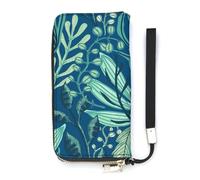 SEEKJOYS Cartera para mujer, diseño de flores, color azul al azar, tarjetero, elegante cartera con correa para la muñeca, bolso largo para mujer, Plantas de líneas verdes, 20x10.5cm