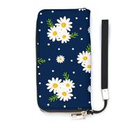 SEEKJOYS Cartera para mujer, diseño de margaritas florales coloridas, cartera grande para mujer, tarjetero, cartera elegante con correa para la muñeca, bolso largo para tarjetas y monedas, Flores