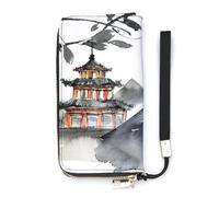 SEEKJOYS Cartera para mujer, diseño de textura de azulejos, tarjetero, elegante, de piel, con correa para la muñeca, bolso largo para mujer, Pintura de tinta de cultura oriental, 20x10.5cm