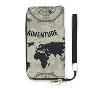 SEEKJOYS Cartera para mujer, diseño retro de mapa del mundo y brújula, cartera grande para mujer, tarjetero, cartera elegante con correa para la muñeca, bolso largo para tarjetas y monedas, Mapa del