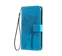 SEEKOO Funda para Realme C35 / Realme Narzo 50A Prime Billetera Estuche, Diseño de Patrón Bastante Hojas y Gato en Relieve Funda de Cuero, Elegante Ultrafino Carcasa, Azul