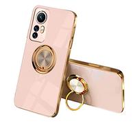 SEEKOO Funda para Xiaomi 12 5G / Xiaomi 12X 5G / Xiaomi 12S 5G, 360° Anillo Soporte Galvanoplastia de Diseño Elegante Delgada Antigolpes TPU de Goma Suave Carcasa de Silicona Colorida, Rosado