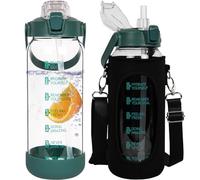 Seekua 2 litros Botella Agua Vidrio Deportiva de con Pajita y Marca de Tiempo Motivacionales, 2l Grande Botella Agua Cristal a Prueba de Fugas para Gimnasio