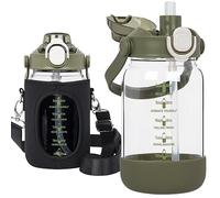 Seekua Botella Agua Cristal 1l con Pajita y Marcas de Tiempo, Botella Vidrio Grande de 1 litro con Infusor Apto Para Jugos, Batidos