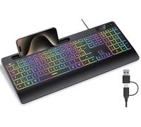 seenda Teclado con cable iluminado, teclado ergonómico con soporte para teléfono móvil y reposamuñecas para PC/tableta/Smarthandy/Windows/Mac, cable USB y tipo C, clic silencioso, diseño QWERTZ, color