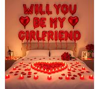 Seenelling Red Will You Be My Girlfriend - Globo con 24 luces LED sin llama, vela de corazón y 2000 pétalos de rosa artificiales, globo de amor para decoración del día de San Valentín, noche especial