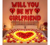 Seenelling Red Will You Be My Girlfriend - Globo con 24 luces LED sin llama, vela de corazón y 2000 pétalos de rosa artificiales, globo de amor para decoración del día de San Valentín, noche especial