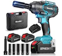 Seesii 1000 N.m llave de impacto a batería, 1/2 Pistola de Impacto sin escobillas con dos baterías de 4000 mAh, cargador rápido, 5 llaves de vaso, llave de impacto para neumáticos de coche