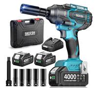 Seesii 1200 N·m llave de impacto a batería, 1/2 Pistola de Impacto sin escobillas con dos baterías de 4000 mAh, cargador rápido, 5 llaves de vaso, llave de impacto para neumáticos de coche