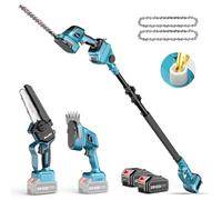 SEESII 6-en-1 Mini Motosierra y Cortasetos a Batería, con 2 * 4000mAh Baterías, Motosierra Electrica con Pértiga Telescópica, Alcance Máximo de hasta 4,57 m, con 30 ml Tanque de Aceite
