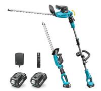 SEESII Cortasetos Telescópico Batería 20V, Diseño 2 en 1, Cuchilla 53 cm | 2 Baterías 4,0 Ah, Corte 18 mm, Alcance Telescópico 2,6 m, Cabezal Ajustable 150°, 2400 SPM, Correa, Uso Manual y con Poste