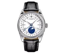 Seestern Sugess S452 Automático Acero Cuero Negro Blanco Fase Lunar Reloj Hombre, Negro , Correa