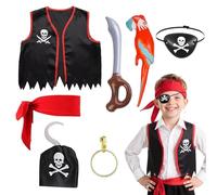 SEFIRST 7 Piezas Disfraz Pirata Niño, Accesorios para Disfraz de Piratas, Parche de Ojo de Pirata Bandana Chaleco Loro Cuchillo de juguete Piratas Gancho para Halloween Carnaval Fiesta Cosplay