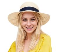 SEFIRST Mujeres Sombrero de Panamá Sombreros de Paja Sombrero de Verano Plegable sombreroes de Playa Fedora Ajustable Sombreroes de ala Ancha Sombreros de Paja UPF 50+ para Viaje Vacaciones (Beige)