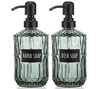 Segbeauty Dispensador de Jabón de Vidrio, 2 Botellas 450 ml de Vidrio Prismático con Bomba de Acero Inoxidable, Dispensador de Jabón Líquido Recargable para Jabonera de Cocina y Baño, Verde