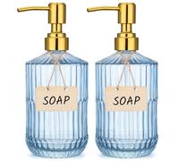 Segbeauty Dispensador Jabon Baño de Vidrio, 2 Piezas 450ml Dispensador de Jabón Vidrio Diseño de Rayas Verticales, con Bomba de Acero Inoxidable, para Cocina (Azul)