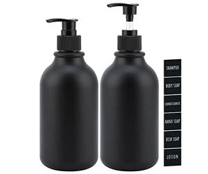 Segbeauty Dispensador Jabon Baño Negro Mate, 500ml 2 Piezas Recargable Botella de Loción Líquido de Plástico de Bomba con Etiqueta, para Champú Jabón Corporal Acondicionador Detergente-Boquilla Plana