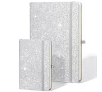 Segfly Sparkle A5 & A6 Lined Notebook, Glitter Hardcover Journal with Elastic Band, 192 Pages 80gsm Thick Paper for Note Taking School Office Home Business, Silver