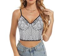 Segreto Camiseta de tirantes para mujer, con lentejuelas, sin mangas, tirantes finos, sexy, para festivales, fiestas, clubes, Brillo Plata Negro, XL