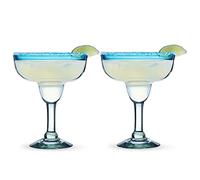 Segunda Vida Primavera - Juego de 2 vasos de margarita con tallo - Juego de vasos de margarita con borde azul fabricado en México - 100% vidrio reciclado 10 onzas