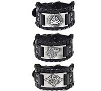 Sehaby 3 piezas de pulseras de cuero vikingo, pulseras de runas de Odín negras, pulseras de cuero con cabeza de lobo medieval, Pulseras de nudo celta de dragón, pulsera de piel vintage