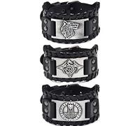 Sehaby 3 pulseras vikingas negras, pulseras de piel sintética con cabeza de lobo, pulseras de cuero de dragón medieval, Celtic Knot Thor's Hammer Pulseras de piel para hombres y mujeres