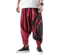 Seidarise Pantalones de harén para hombre, estilo hip hop, holgados, de pierna ancha, estilo informal, de lino, japonés, yoga, a1-Rojo, Large