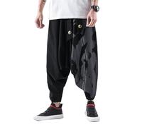 Seidarise Pantalones de harén para hombre, estilo hip hop, holgados, de pierna ancha, estilo informal, de lino, japonés, yoga, a1-Negro, Large