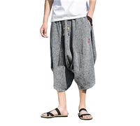 Seidarise Pantalones de playa tradicionales tipo kimono japonés para hombre, pantalones capri de lino, pantalones harén de verano, pantalones cortos de pierna ancha, gris (68grey), Medium