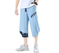 Seidarise Pantalones de playa tradicionales tipo kimono japonés para hombre, pantalones capri de lino, pantalones harén de verano, pantalones cortos de pierna ancha, X1, azul, Medium