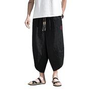 Seidarise Pantalones de Playa Tradicionales Tipo Kimono japonés para Hombre, Pantalones Capri de Lino, Pantalones harén de Verano, Pantalones Cortos de Pierna Ancha, Negro, (09black), Medium