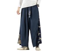 Seidarise Pantalones estilo harén de lino para hombre, de pierna ancha, estilo japonés, para yoga, hip hop, holgados, azul marino (A-Navy), X-Large