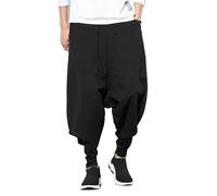 Seidarise Pantalones harén para hombre, hip hop, pantalones holgados de pierna ancha, pantalones informales, harén de lino, japonés, yoga, Negro , M