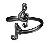 SEIHOP KR0026 - Anillo ajustable con forma de corazón y clave de sol y nota musical, anillo abierto, chapado en oro de 18 quilates, color negro, joyería para amantes de la música, Cristal