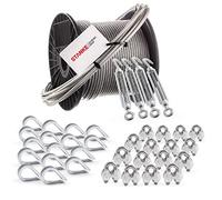Seilwerk STANKE cuerda de acero inoxidable en cubierta de PVC, 30m cuerda inox V4A 3mm 7x7, 4x tensor gancho- ojo M6 galvanizado, 16x guardacabo V4A, 16x abrazadera V4A - SET 6