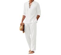 seiveini Conjunto 2 Piezas Hombre Camiseta de Lino Manga Larga Pantalones Largos Hombres Conjunto de Chándal Verano Secado Rápido Pijamas de Lino Casual