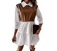 seiveini Vestidos Camiseta Mujer Vestido a Cuadros con Cinturón Manga Larga Mini Vestidos Plisado A-Line Casual Otoño Invierno Moda D Marrón M