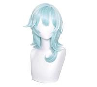 SEIZIS Cosplay Wig EULA Cosplay Perücke für Genshin Impact Kostüm, 45,7 cm Lang, Hellblau, gewelltes Haar mit Pony, weiße Highlights für Frauen