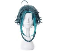 SEIZIS Cosplay Wig Genshin Impact Xiao Peluca Cosplay Verde Oscuro Corto Recto Resistente al Calor Pelo sintético Mujeres Adultas Peluca de Halloween