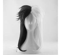 SEIZIS Cosplay Wig Juego de rol for Deville Cruella De Vil Cosplay Pelucas Medio Blanco Medio Negro Pelo sintético Resistente al Calor