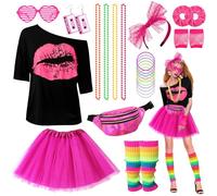 Sekepingo Disfraz de los años 80S para mujer camiseta con estampado de labios accesorios calentadores de piernas de neón falda tutú guantes de red bolsa de cintura con purpurina (M)
