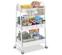 Sekey Carrito de Almacenamiento, Carro de Cocina con 3 Niveles, Metal, con Canastas Colgantes + Ganchos, Ruedas 360° con Freno, Antirroños, Asa, para Cocina, Baño, Oficina, Sala, Dormitorio, Blanco